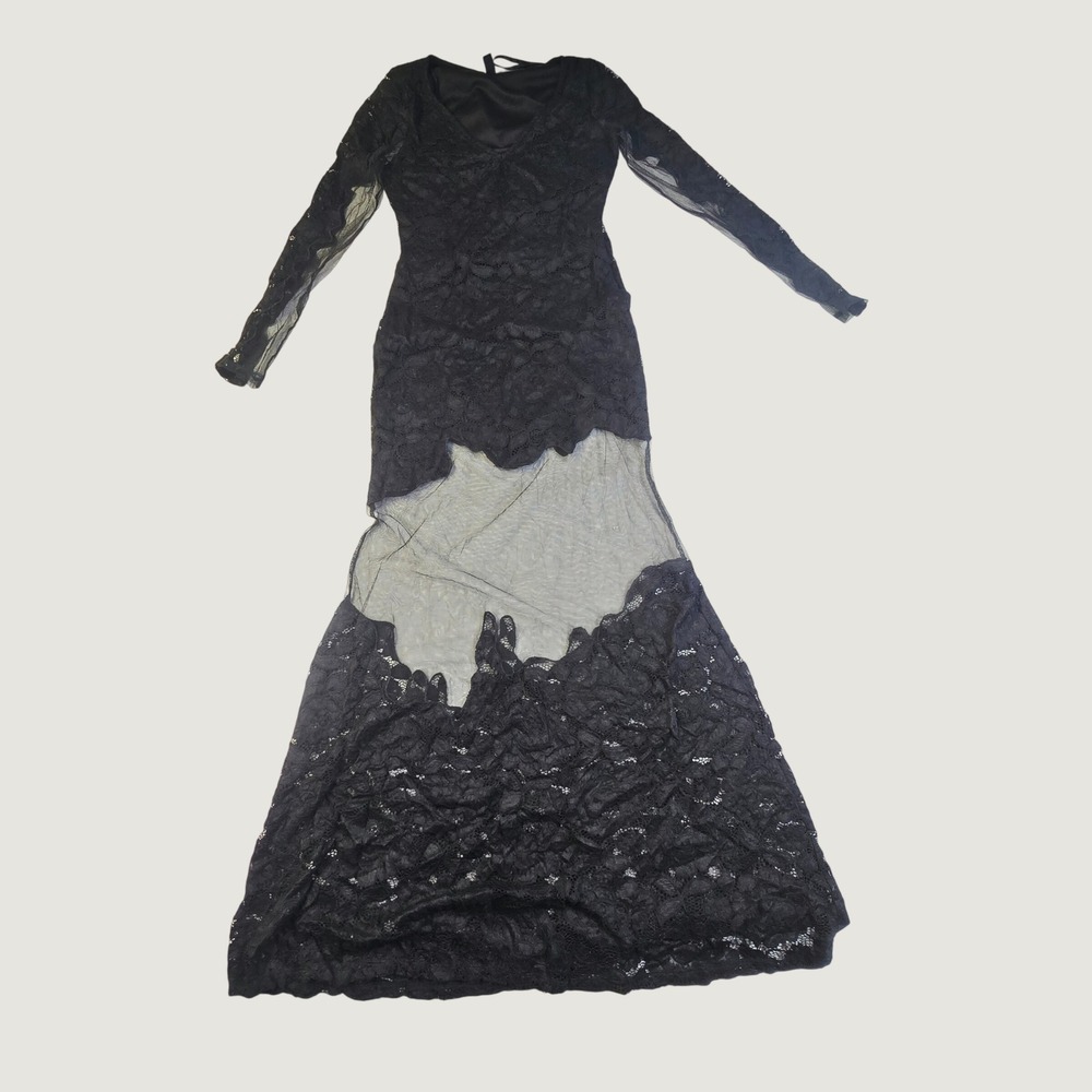 Windsor Floral Lace Sheer Mesh Gown Women's Large Black Long Sleeve Formal Dress